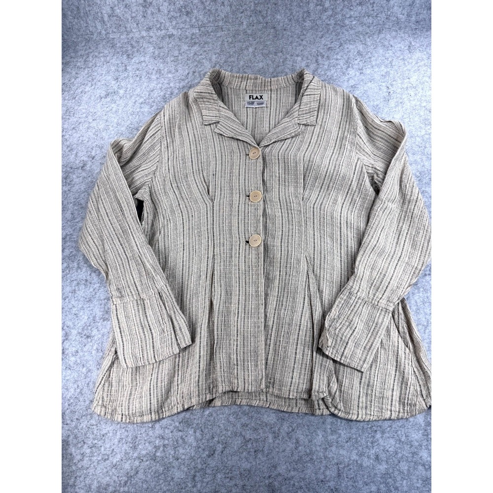 FLAX Jacket Womens Large Brown 100% Linen Textured Striped Button Lagenlook Coat